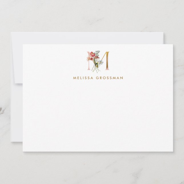 Carta de oro de Monograma Floral Tarjeta de nota M (Anverso)