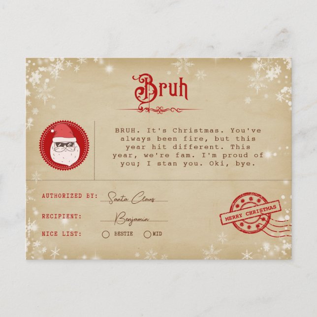 Carta de Santa a Telegrama de Navidad para Adolesc (Anverso)