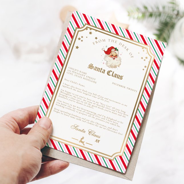 Carta de tira festiva de la tarjeta de Relieve met (Letter From Santa Festive Stripe Gold Zazzle)