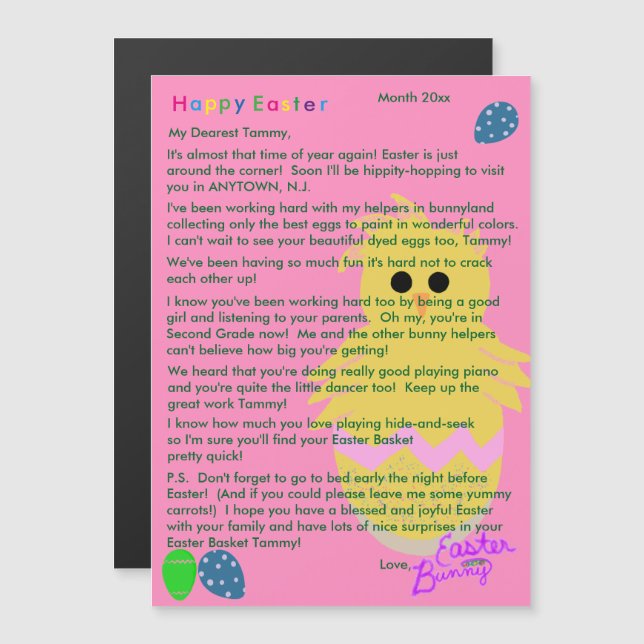 Carta del conejo de Pascua Pink Yellow Chick Egg (Anverso/Reverso)