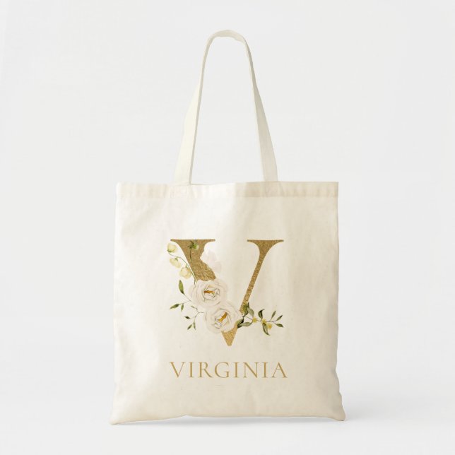 Carta dorada V Monograma acuarela floral Bolsa de  (Frente)