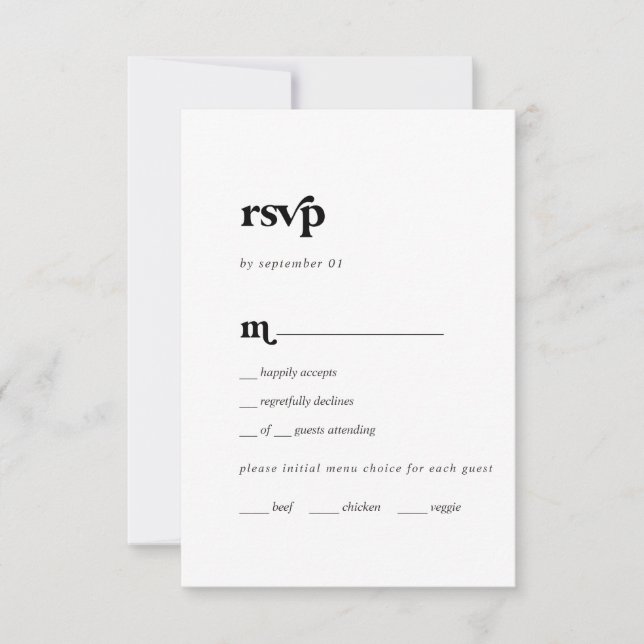 Carta moderna de tipografía negra Tarjeta RSVP de  (Anverso)