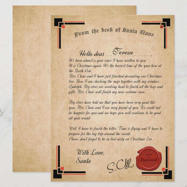 Carta Oficial De La Tarjeta De Festividad De Santa (Anverso / Reverso)