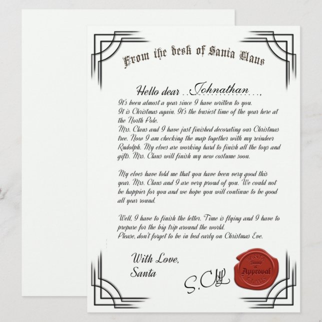 Carta Oficial De La Tarjeta De Festividad De Santa (Anverso / Reverso)