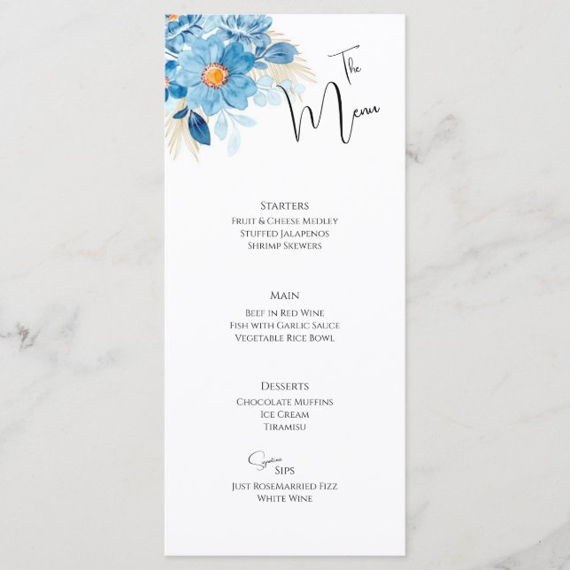 Carta plana con el menú Blue Floral Elegant Weddin (Anverso)