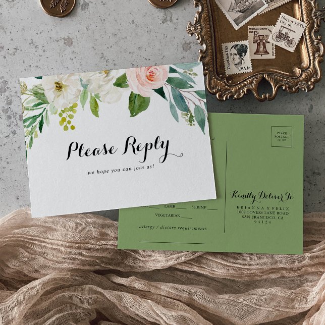 Carta verde floral simple opción de postal RSVP (Subido por el creador)