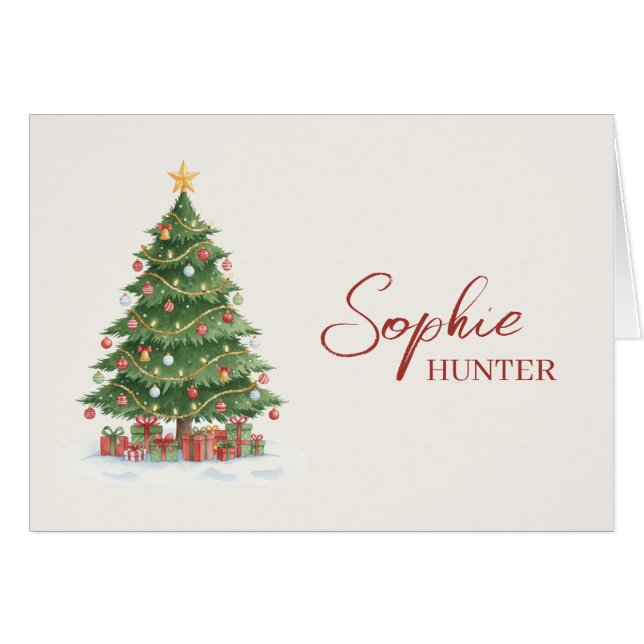 Cartão de  Natal com nome árvore aquarela (Anverso (Horizontal))