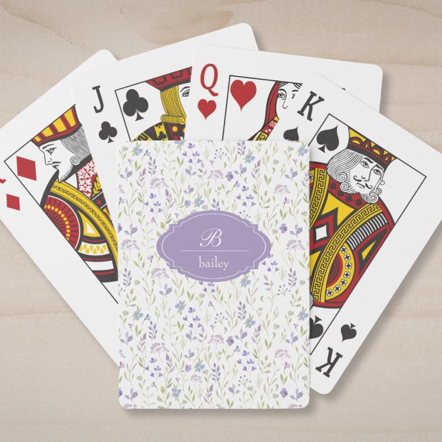 Cartas clásicas de juego con monograma floral púrp (personalized cottagecore purple blue floral pattern monogram cards)