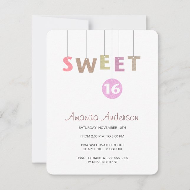 Cartas colgantes dulces dieciséis invitaciones de  (Anverso)