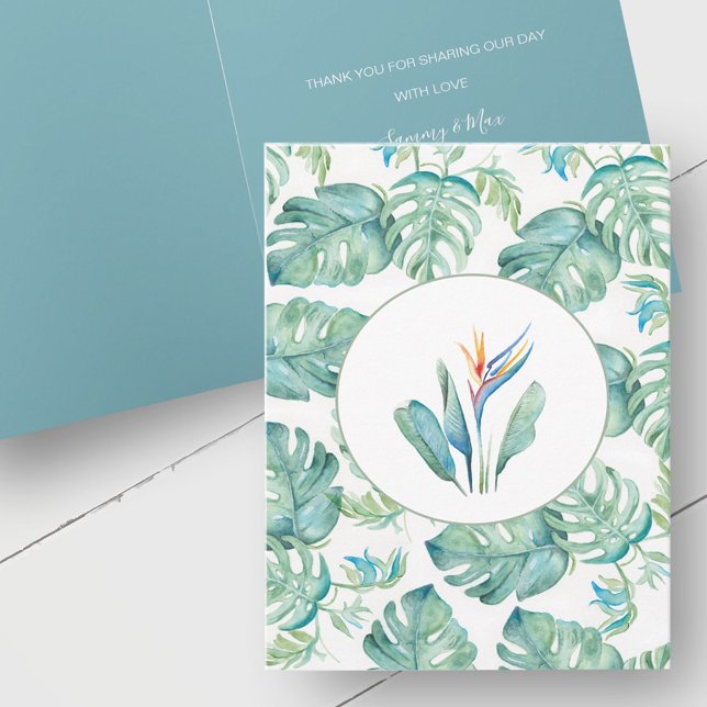 Cartas de agradecimiento a la boda tropical person (Tropical wedding thank you cards watercolor botanical art by Victoria Grigaliunas Do Tell A Belle)