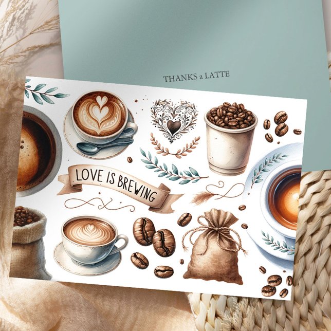 Cartas de agradecimiento con temas de café, gracia (wedding thank you cards wedding and bridal shower love is brewing coffee theme by Do Tell A Belle)