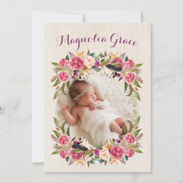 Cartas de anuncio de natalidad de Floral Boho Baby (Anverso)