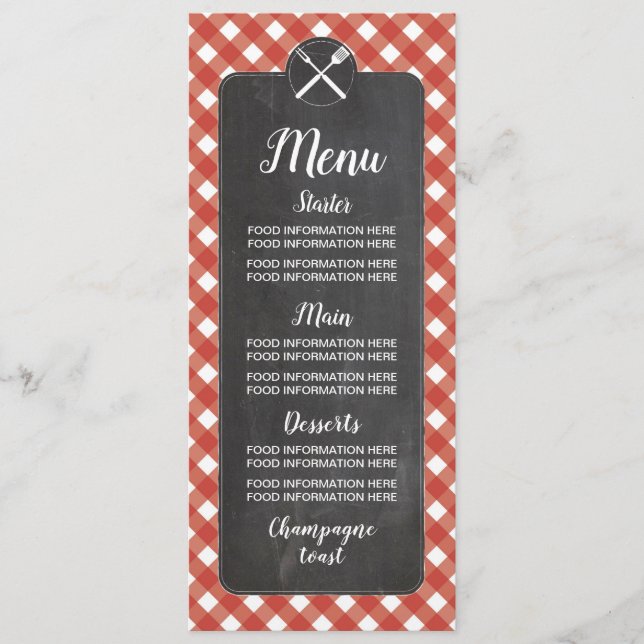 Cartas de Bodas de Menú Red Gingham Chalk BBQ (Anverso)