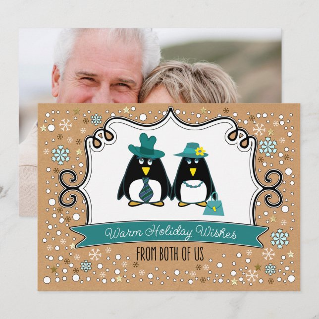Cartas de fotos de navidad de la pareja de Pingüin (Anverso / Reverso)