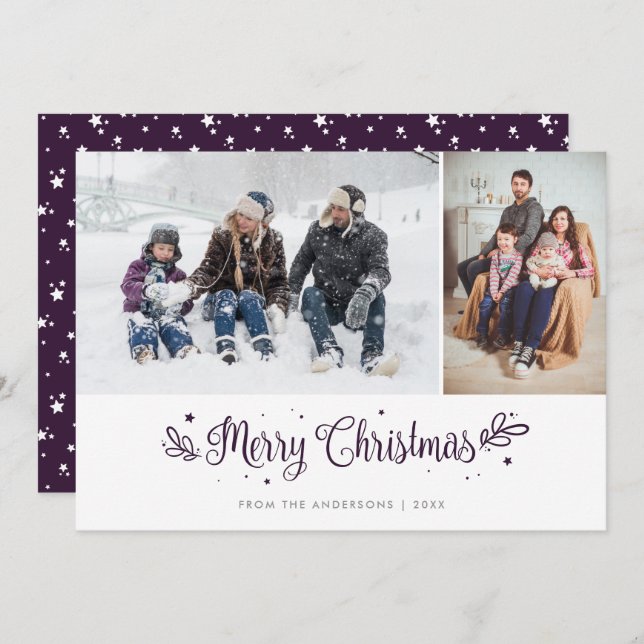 Cartas de fotos de Navidad de Purple Stars Calligr (Anverso / Reverso)