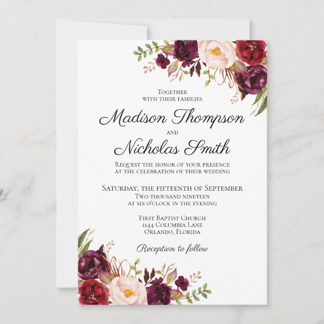 Cartas de invitación a la boda floral rosa y marsa (Anverso)