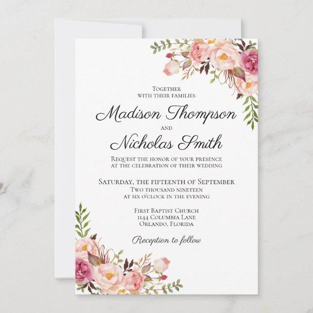 Cartas de invitación a la boda floral rosada rústi (Anverso)