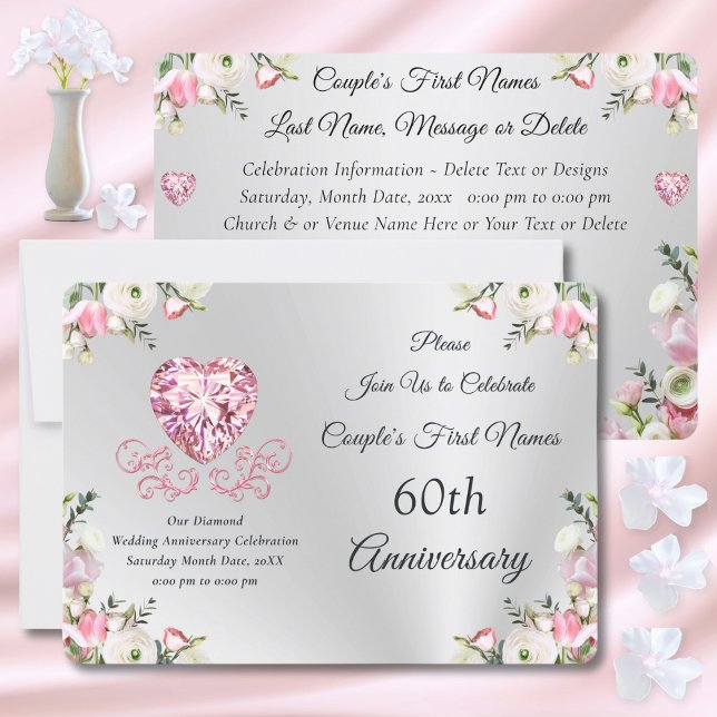 Cartas de invitación al 60° aniversario del Boda (60th wedding anniversary invitations. Silver, Blush Pink Personalised, 60th anniversary invitations.)