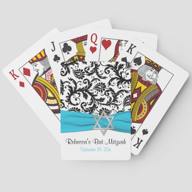 Cartas de juego Aqua White Black Damask Bat Mitzva (Reverso)