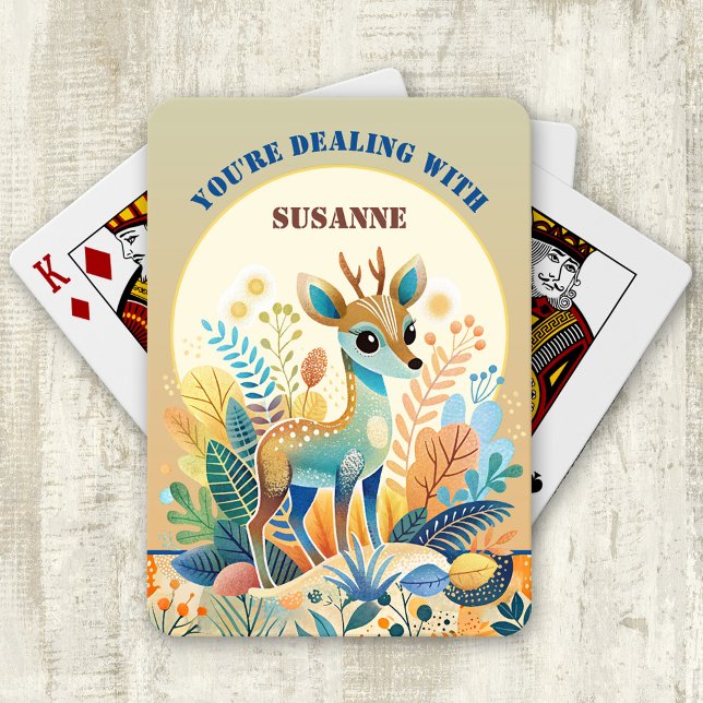 Cartas de juego de ciervos Personalizados de niños (Deck of playing cards showing a cute colorful design with a retro cartoon deer. Child birthday gift)