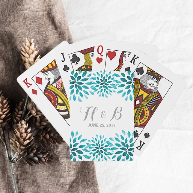 Cartas de juego de crisantemo acuarela azul verdos (Teal Watercolor Chrysanthemum Wedding Favor Playing Cards)