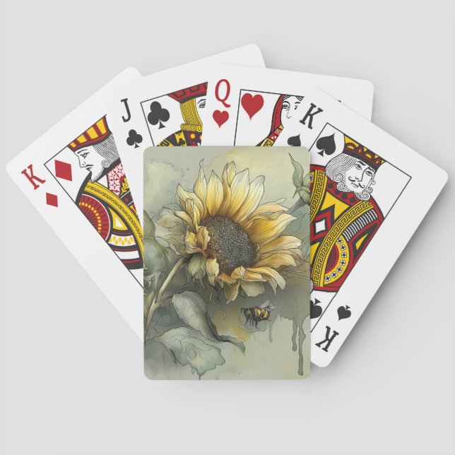 Cartas de juego de girasol y abeja melífera (Reverso)