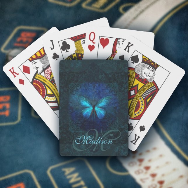 Cartas de juego de mariposa azul monogramadas (Monogrammed Blue Butterfly Playing Cards, initialen spielkarten, mariposas, papillon jeux de cartes)
