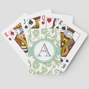 Cartas de juego de Pistachio Damask Monogramado Aq
