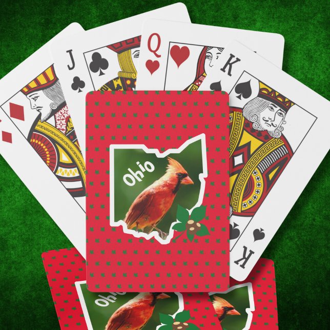 Cartas de juego del cardenal Ohio Buckeye State (A bright red northern cardinal is framed by an outline of the state of Ohio map on these cards.)