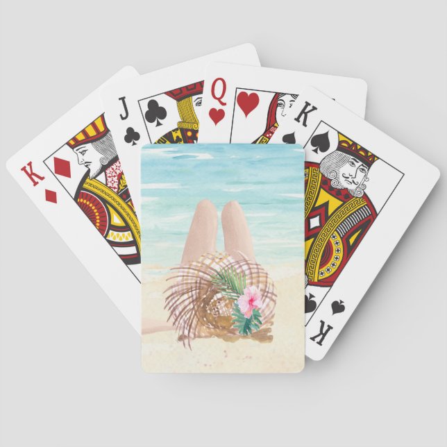 Cartas de juego en la playa con belleza del baño (Reverso)