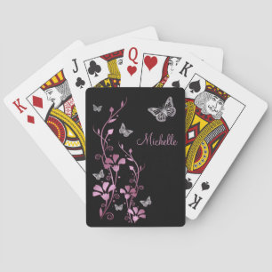 Cartas de juego floral de mariposa de color negro 