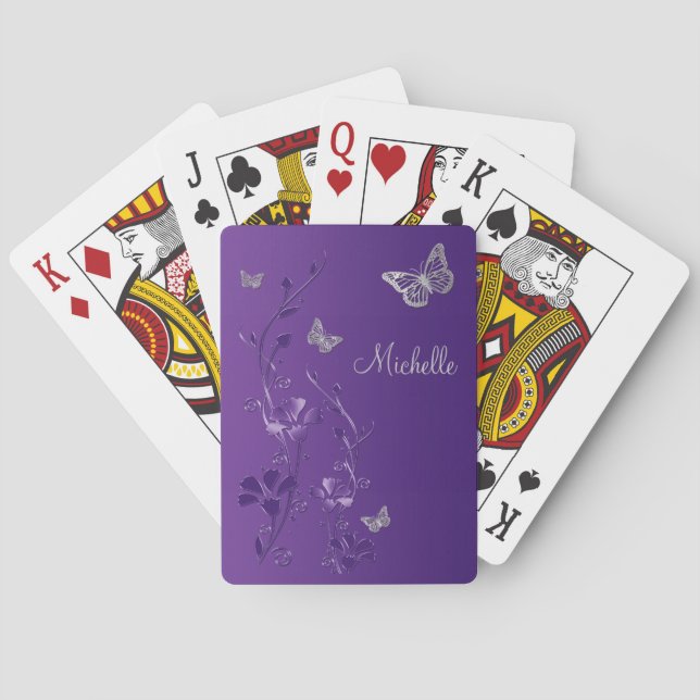 Cartas de juego floral de mariposa morada plateada (Reverso)