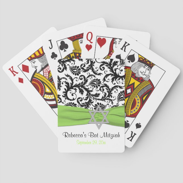 Cartas de juego Lime White Black Damask Bat Mitzva (Reverso)