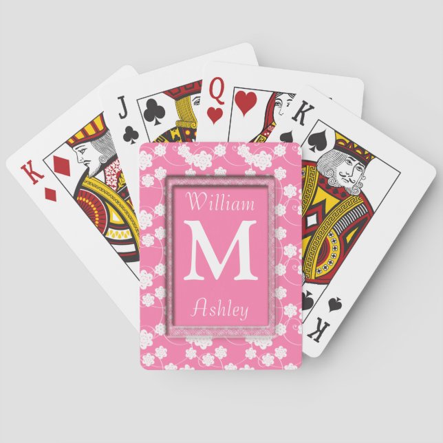 Cartas de juego monogramadas con flor blanca rosa (Reverso)