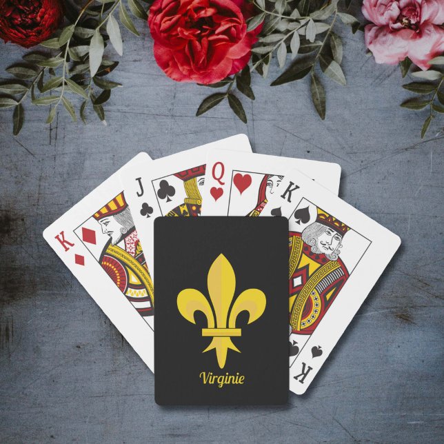 Cartas de juego negras con flor de oro de Lis (Black Playing Cards with Gold Fleur de Lis)