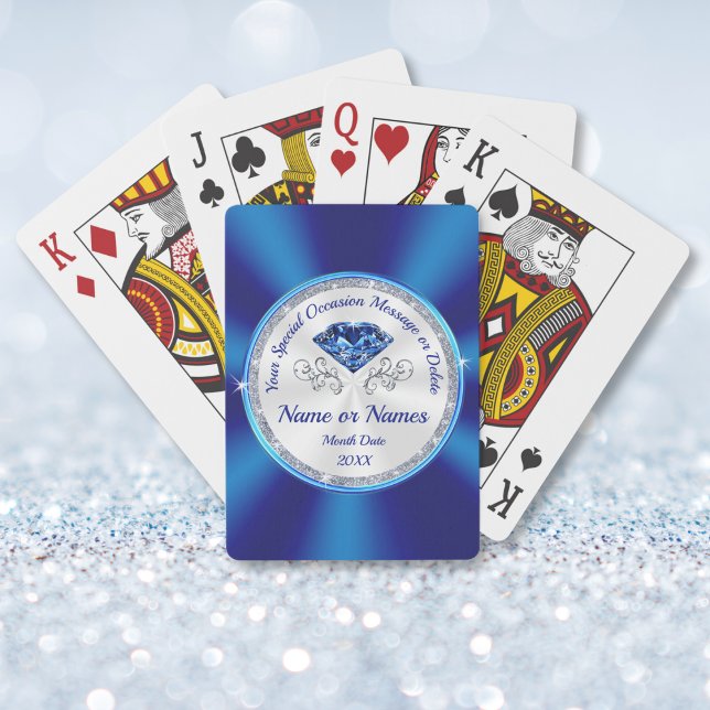 Cartas de juego personalizadas, magnífico zafiro (65th anniversary presents. Inexpensive anniversary gifts. 45th birthday party favors for adults.)