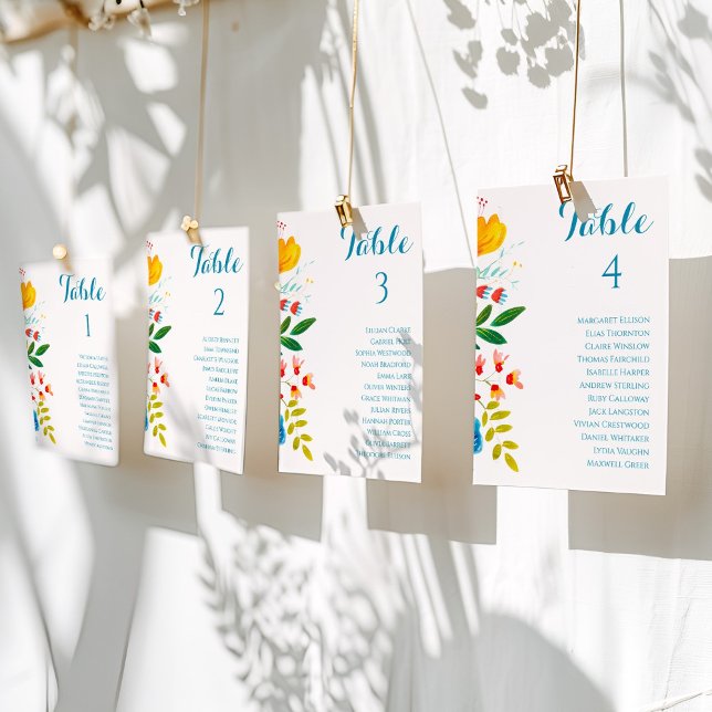 Cartas de la tabla de asientos de Bodas florales c (Colorful Floral Wedding Table Seating Chart Cards)