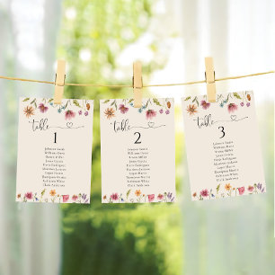 Cartas de la tabla de asientos del Boda Boho Wildf