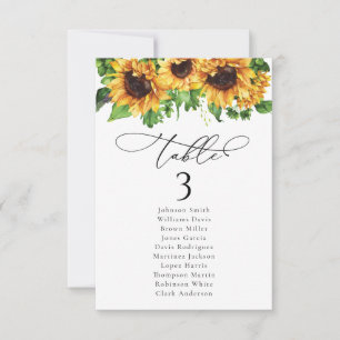Cartas de la tabla de asientos del Boda de girasol