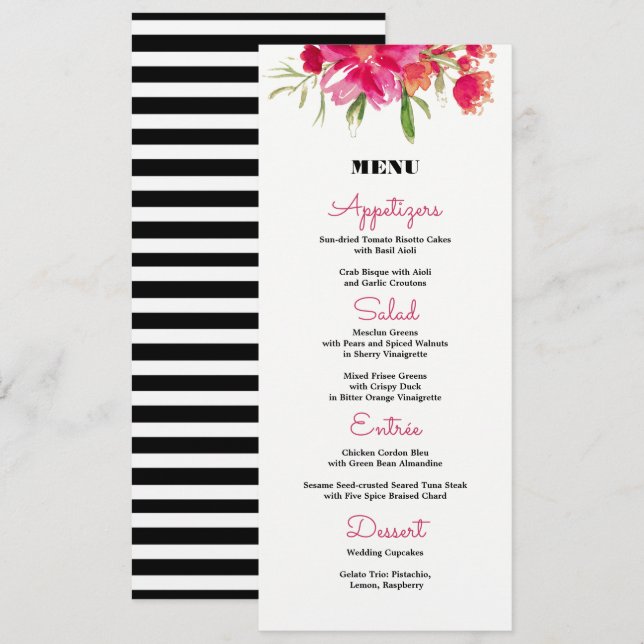 Cartas de menú Boda Fuchsia Floral Black Stripes (Anverso / Reverso)