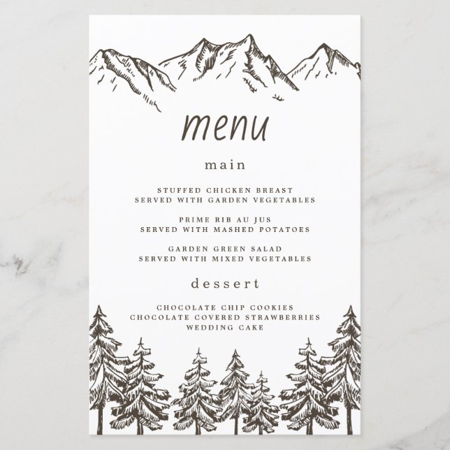 Cartas de menú de Boda de pino elegante de montaña (Anverso)