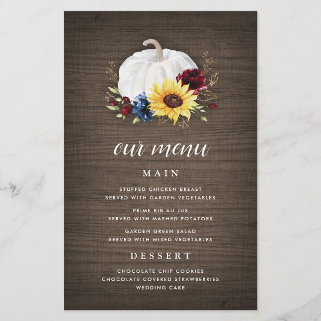 Cartas de menú de bodas de girasol de calabaza bla (Anverso)