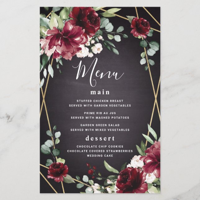 Cartas de menú de bodas elegantes con flores de or (Anverso)