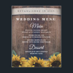Cartas de menú del Boda de girasol de barril ruso<br><div class="desc">El diseño presenta un fondo rústico de barril de madera con girasoles de color acuático en la parte inferior. Vea la colección coincidente en esta página para ver los productos de coordinación.</div>