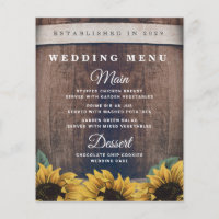 Cartas de menú del Boda de girasol de barril ruso