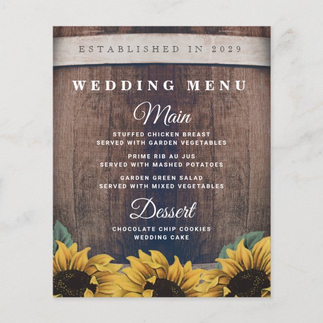 Cartas de menú del Boda de girasol de barril ruso  (Anverso)