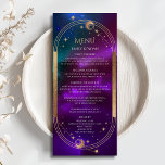 Cartas de menú del Boda de la luna del sol Verde a<br><div class="desc">Las tarjetas de menú Boda Cosmic Purple Verde azulado Gold Moon Stars cuentan con un sol dorado, luna y estrellas en un fondo celeste, con detalles de menú en el centro en un guión moderno de caligrafía dorada. Personalice editando el texto en los cuadros de texto proporcionados. Diseñado por ©...</div>