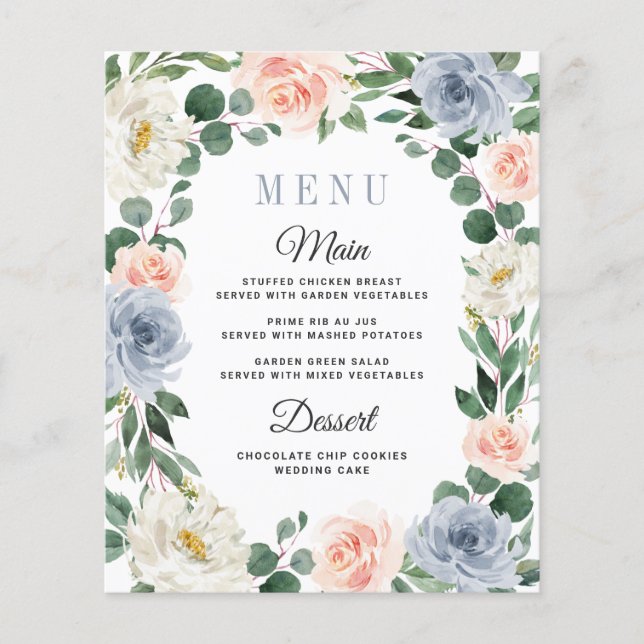 Cartas de menú del Boda floral rosa rosa y azul tu (Anverso)