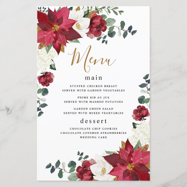 Cartas de menú del Boda rojo de invierno floral de (Anverso)