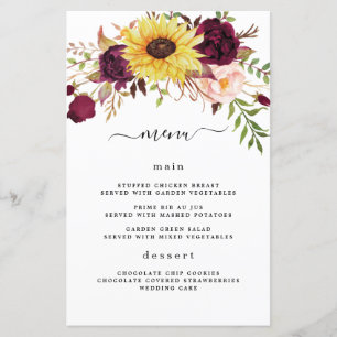 Cartas de menú del Boda Rubor rojo girasol